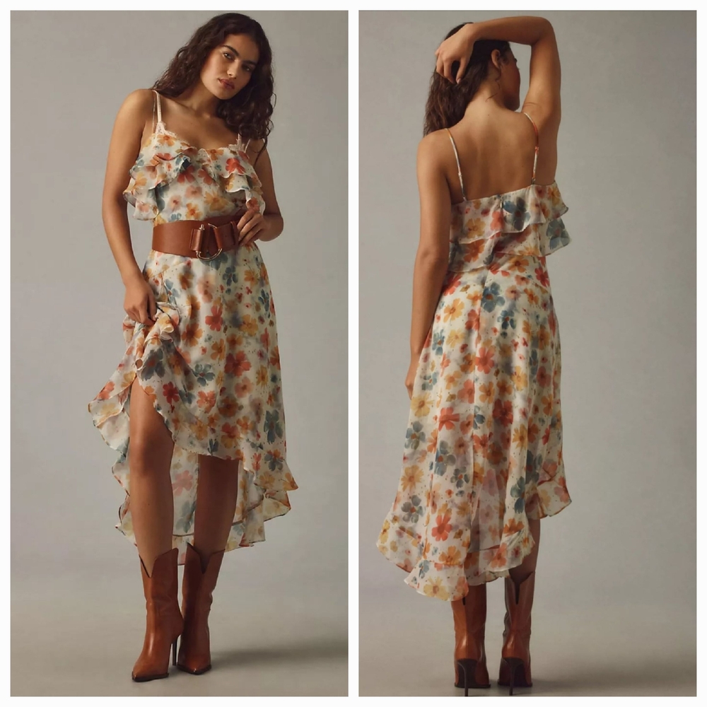 Anthropologie Sleeveless Asymmetric Foral Ruffled Midi Dress Size M